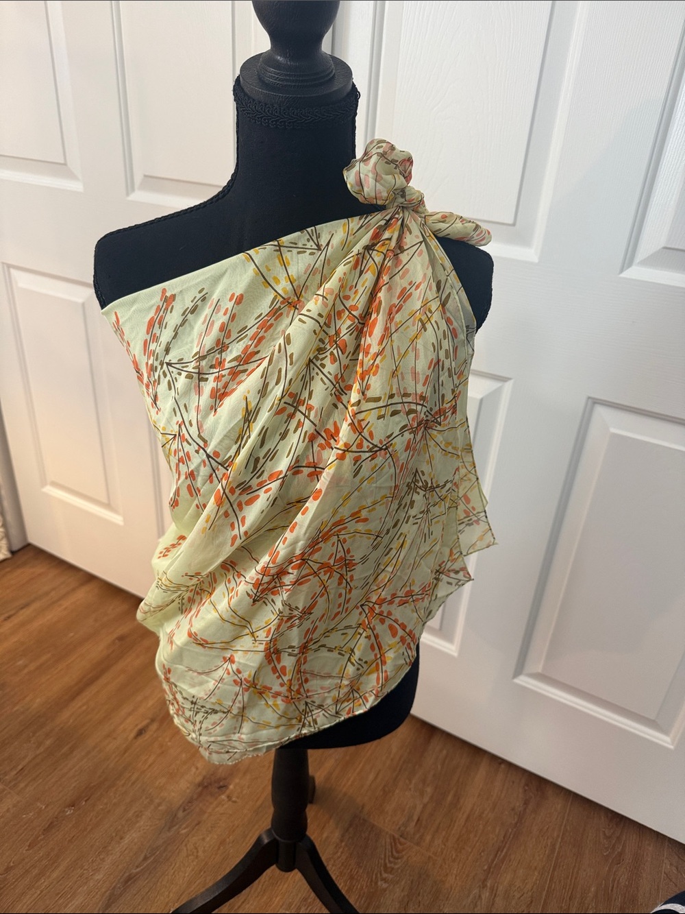 Saks Fifth Avenue Pale Yellow Floral Sheer Scarf Wrap Orange Accents Summer